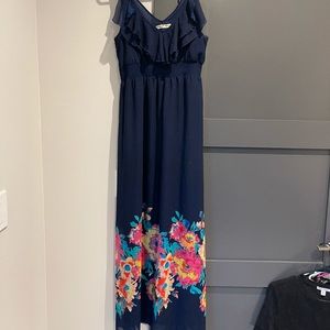 Dark Blue Maxi Dress with Flower Detailing